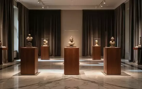 Ein eleganter, minimalistischer Auktionssaal mit Scheinwerfern und leeren Ausstellungspodesten vor dunklen Vorhängen. - Foto: über boerse-global.de