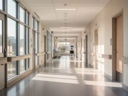 Ein heller, moderner Klinikflur mit großen Fenstern und poliertem Boden in einer Rehabilitationsabteilung. - Foto: über boerse-global.de