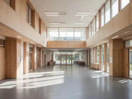 Helles, modernes Interieur eines Schulgebäudes mit viel Tageslicht und minimalistischer Architektur. - Foto: über boerse-global.de