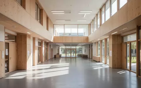 Helles, modernes Interieur eines Schulgebäudes mit viel Tageslicht und minimalistischer Architektur. - Foto: über boerse-global.de