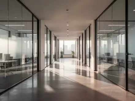 Moderner, minimalistischer Büroflur mit poliertem Betonboden und Glaswänden in natürlichem Morgenlicht. - Foto: über boerse-global.de