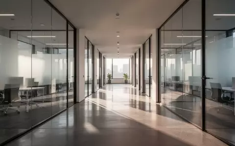 Moderner, minimalistischer Büroflur mit poliertem Betonboden und Glaswänden in natürlichem Morgenlicht. - Foto: über boerse-global.de