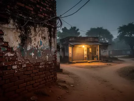 Eine ländliche indische Dorfstraße in der Abenddämmerung mit einer schlichten Ladenfront und verwitterten Mauern. - Foto: über boerse-global.de