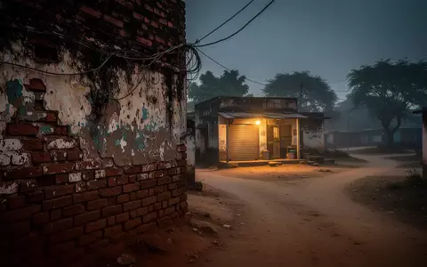 Eine ländliche indische Dorfstraße in der Abenddämmerung mit einer schlichten Ladenfront und verwitterten Mauern. - Foto: über boerse-global.de