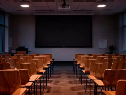 Ein leerer Vortragssaal in einer Volkshochschule mit Blick auf eine dunkle Projektionsfläche. - Foto: über boerse-global.de