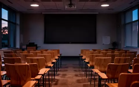 Ein leerer Vortragssaal in einer Volkshochschule mit Blick auf eine dunkle Projektionsfläche. - Foto: über boerse-global.de
