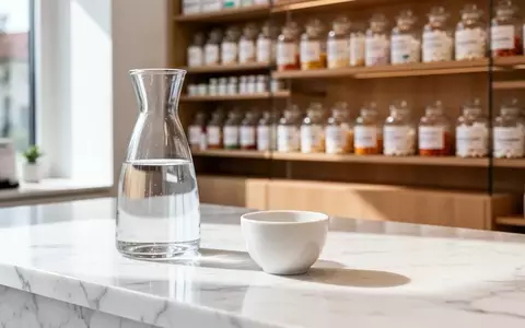 Ein minimalistischer Apothekentresen aus weißem Marmor mit einem leeren Tablettenschälchen und einer Glaskaraffe. - Foto: über boerse-global.de