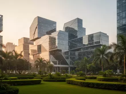 Moderne Büroarchitektur in einem indischen Technologiezentrum bei Sonnenuntergang. - Foto: über boerse-global.de