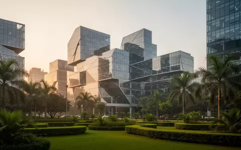 Moderne Büroarchitektur in einem indischen Technologiezentrum bei Sonnenuntergang. - Foto: über boerse-global.de