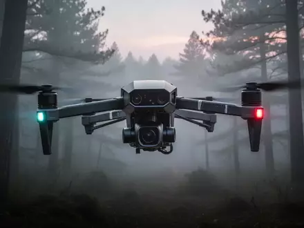 Eine technologisch fortschrittliche Drohne fliegt durch einen nebligen Wald, ohne dabei auf GPS oder Kameras angewiesen zu sein. - Foto: über boerse-global.de