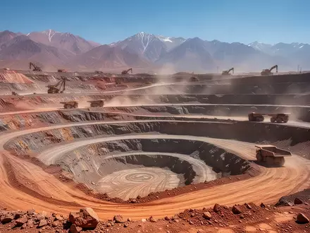 Großer Kupfer-Tagebau in den chilenischen Anden mit terrassierten Abbauebenen und schweren Bergbaufahrzeugen. - Foto: über boerse-global.de