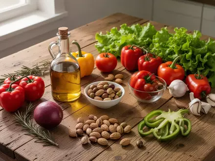 Frische mediterrane Lebensmittel wie Gemüse, Olivenöl und Nüsse auf einem rustikalen Holztisch bei natürlichem Licht. - Foto: über boerse-global.de