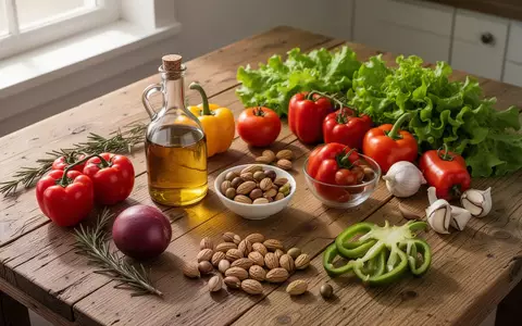 Frische mediterrane Lebensmittel wie Gemüse, Olivenöl und Nüsse auf einem rustikalen Holztisch bei natürlichem Licht. - Foto: über boerse-global.de