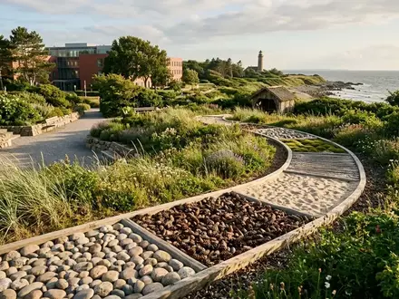 Ein neu angelegter Barfußpfad mit verschiedenen Naturmaterialien im Außenbereich einer Klinik an der niedersächsischen Küste. - Foto: über boerse-global.de