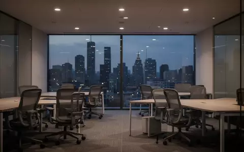 Ein leeres, modernes Büro bei Dämmerung mit Blick auf eine Skyline durch eine große Glasfront. - Foto: über boerse-global.de