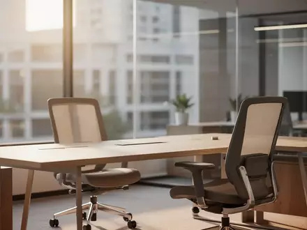 Ein minimalistischer Arbeitsplatz mit einem leeren Schreibtisch und weichem Tageslicht in einem modernen Büro. - Foto: über boerse-global.de