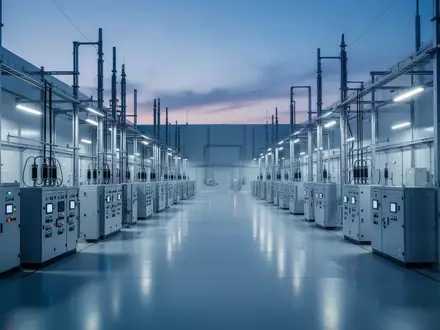 Moderne, weitläufige Industrieanlage für Halbleiterfertigung in kühlem blauen Licht. - Foto: über boerse-global.de