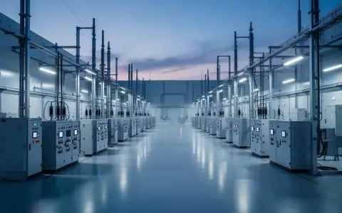 Moderne, weitläufige Industrieanlage für Halbleiterfertigung in kühlem blauen Licht. - Foto: über boerse-global.de