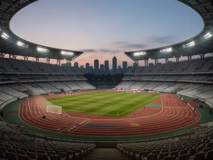 Ein leeres, modern beleuchtetes Olympiastadion in der Abenddämmerung mit Blick auf die Laufbahn und das Spielfeld. - Foto: über boerse-global.de