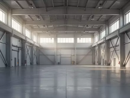 Eine leere, moderne Industriehalle mit hellen Fensterfronten und poliertem Betonboden. - Foto: über boerse-global.de
