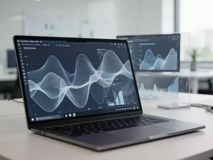 Ein moderner Arbeitsplatz mit einem Laptop, auf dem Datenvisualisierungen zu sehen sind, in einer hellen Büroumgebung. - Foto: über boerse-global.de