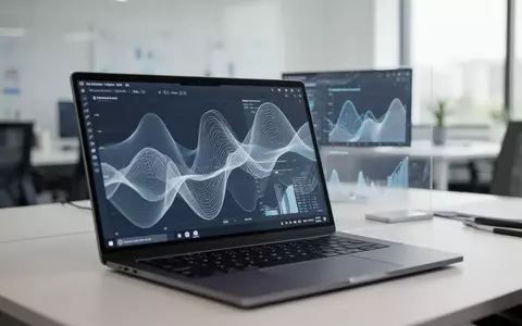 Ein moderner Arbeitsplatz mit einem Laptop, auf dem Datenvisualisierungen zu sehen sind, in einer hellen Büroumgebung. - Foto: über boerse-global.de