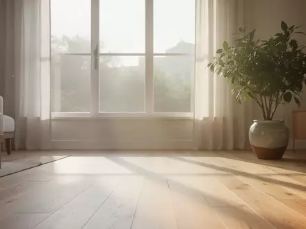 Heller, sonnendurchfluteter Wohnraum am Morgen mit minimalistischer Einrichtung und einer Zimmerpflanze. - Foto: über boerse-global.de