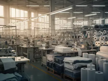 Industrielle Textilfertigungshalle mit leeren Nähmaschinen und Stoffballen in einer modernen Fabrikumgebung. - Foto: über boerse-global.de