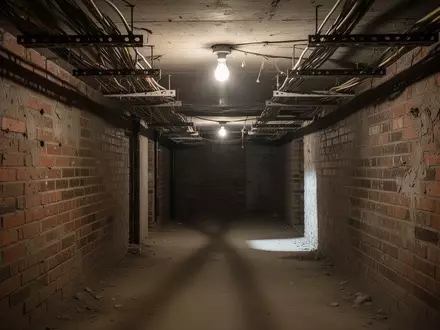 Leere Kabeltrassen an der Decke eines dunklen Kellerraums in einem Mehrfamilienhaus nach dem Diebstahl von Leitungen. - Foto: über boerse-global.de