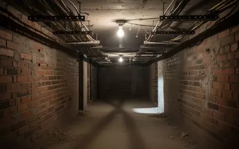 Leere Kabeltrassen an der Decke eines dunklen Kellerraums in einem Mehrfamilienhaus nach dem Diebstahl von Leitungen. - Foto: über boerse-global.de