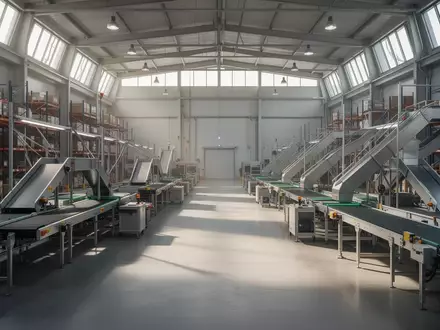 Weitläufige, leere Logistikhalle mit automatisierten Sortieranlagen und Förderbändern in einer Industrieumgebung. - Foto: über boerse-global.de
