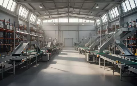 Weitläufige, leere Logistikhalle mit automatisierten Sortieranlagen und Förderbändern in einer Industrieumgebung. - Foto: über boerse-global.de