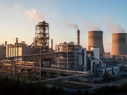 Ein großes, modernes Industriewerk in Deutschland bei Sonnenuntergang mit weitem Blick auf die Fabrikgebäude. - Foto: über boerse-global.de