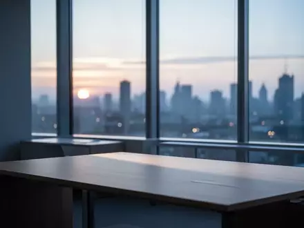 Ein minimalistischer, leerer Arbeitsplatz in einem Büro bei frühem Morgenlicht mit Blick auf eine erwachende Stadt. - Foto: über boerse-global.de