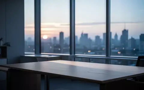 Ein minimalistischer, leerer Arbeitsplatz in einem Büro bei frühem Morgenlicht mit Blick auf eine erwachende Stadt. - Foto: über boerse-global.de
