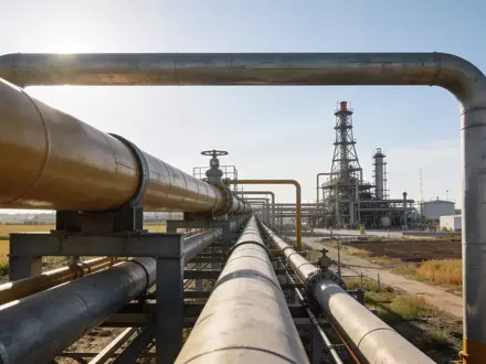 Industrielle Erdgasanlage mit Förderinfrastruktur und Rohrleitungen vor einem weiten Landschaftshintergrund. - Foto: über boerse-global.de