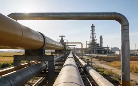 Industrielle Erdgasanlage mit Förderinfrastruktur und Rohrleitungen vor einem weiten Landschaftshintergrund. - Foto: über boerse-global.de