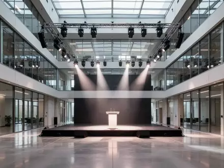 Ein minimalistisches, modernes Atrium eines Telekommunikationsunternehmens mit einer leeren Bühne und professioneller Beleuchtung. - Foto: über boerse-global.de
