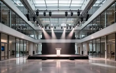 Ein minimalistisches, modernes Atrium eines Telekommunikationsunternehmens mit einer leeren Bühne und professioneller Beleuchtung. - Foto: über boerse-global.de