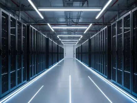Moderne, technologisch fortschrittliche Rechenzentrumsinfrastruktur mit leeren Server-Racks in einer kühlen, blau beleuchteten Halle. - Foto: über boerse-global.de