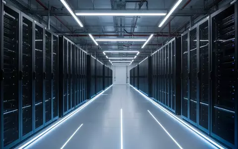 Moderne, technologisch fortschrittliche Rechenzentrumsinfrastruktur mit leeren Server-Racks in einer kühlen, blau beleuchteten Halle. - Foto: über boerse-global.de