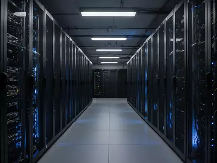 Ein dunkler, moderner Serverraum mit Reihen von metallischen Serverschränken in einer tiefen Fluchtperspektive. - Foto: über boerse-global.de