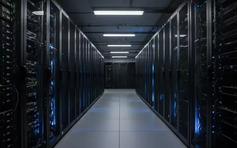 Ein dunkler, moderner Serverraum mit Reihen von metallischen Serverschränken in einer tiefen Fluchtperspektive. - Foto: über boerse-global.de