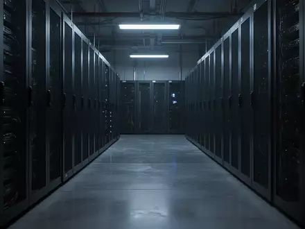 Dunkler, industrieller Serverraum mit mehreren Server-Racks in einer kühlen, technologischen Umgebung. - Foto: über boerse-global.de