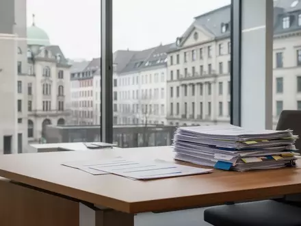 Ein minimalistischer, heller Arbeitsplatz mit Dokumenten und Blick auf eine moderne Stadtlandschaft. - Foto: über boerse-global.de