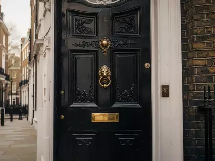 Ein historisches Londoner Stadthaus mit einer charakteristischen schwarzen Eingangstür und Messingbeschlägen an einer Backsteinfassade. - Foto: über boerse-global.de