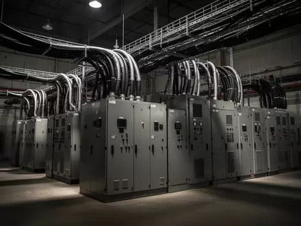 Industrieller elektrischer Betriebsraum mit schweren Schaltschränken und Kabeltrassen in einem großen Gebäude. - Foto: über boerse-global.de