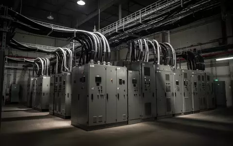 Industrieller elektrischer Betriebsraum mit schweren Schaltschränken und Kabeltrassen in einem großen Gebäude. - Foto: über boerse-global.de