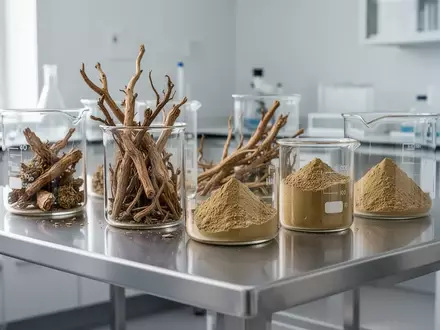 Ein steriler Labortisch mit Glasgefäßen, die pflanzliche Inhaltsstoffe und Pulver für Nahrungsergänzungsmittel enthalten. - Foto: über boerse-global.de