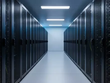 Ein moderner Serverraum mit ordentlichen, dunkelmetallischen Serverschränken in einer kühlen, blauen Beleuchtung. - Foto: über boerse-global.de